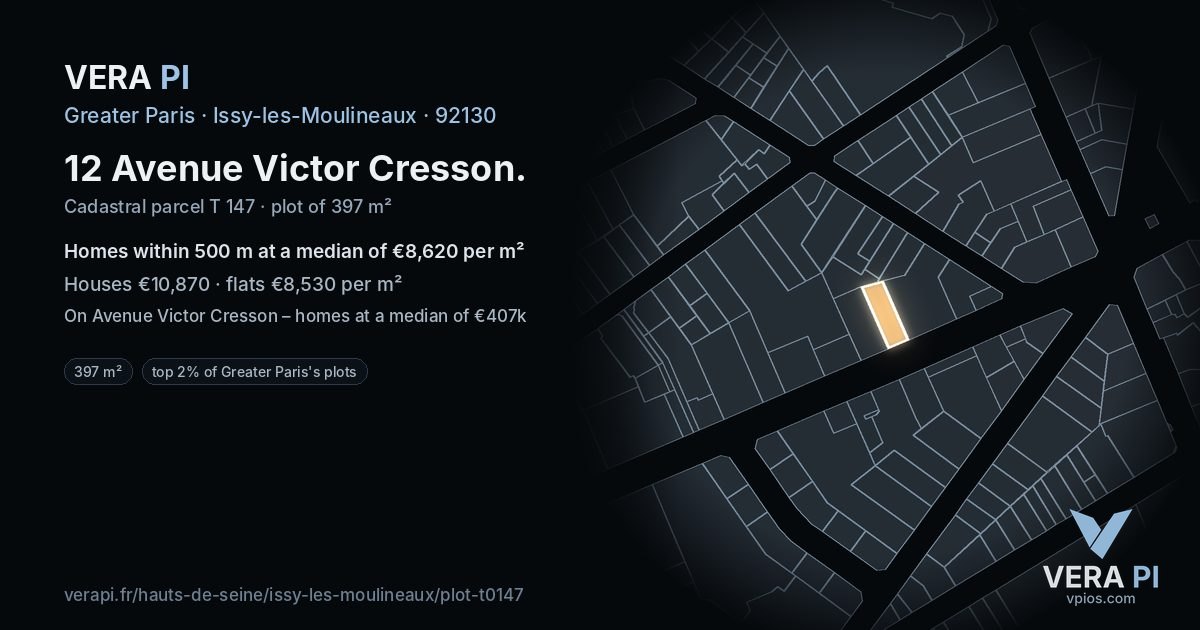 12 Avenue Victor Cresson, Issy-les-Moulineaux at night – the plot lit, the parcels around coloured by the prices near them