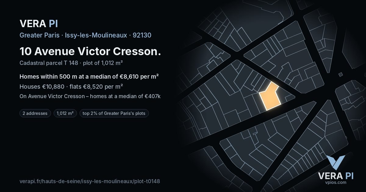 10 Avenue Victor Cresson, Issy-les-Moulineaux at night – the plot lit, the parcels around coloured by the prices near them