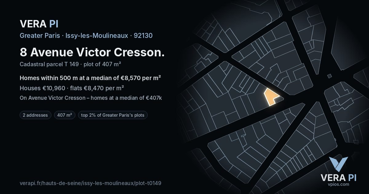 8 Avenue Victor Cresson, Issy-les-Moulineaux at night – the plot lit, the parcels around coloured by the prices near them