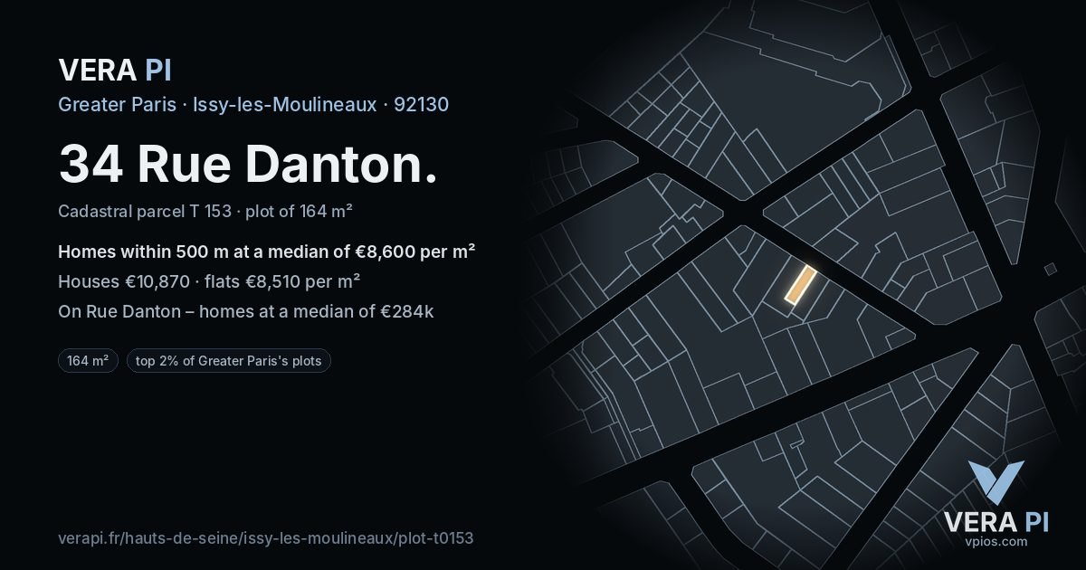 34 Rue Danton, Issy-les-Moulineaux at night – the plot lit, the parcels around coloured by the prices near them