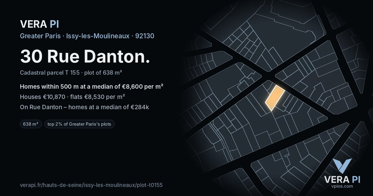 30 Rue Danton, Issy-les-Moulineaux at night – the plot lit, the parcels around coloured by the prices near them