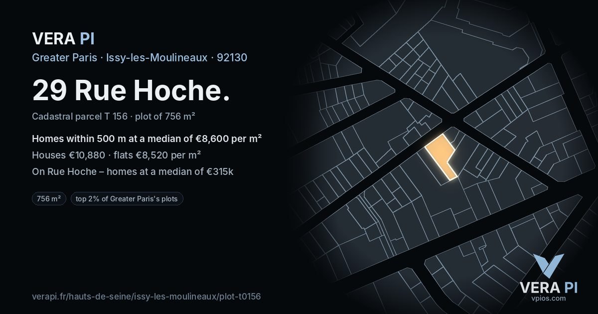 29 Rue Hoche, Issy-les-Moulineaux at night – the plot lit, the parcels around coloured by the prices near them
