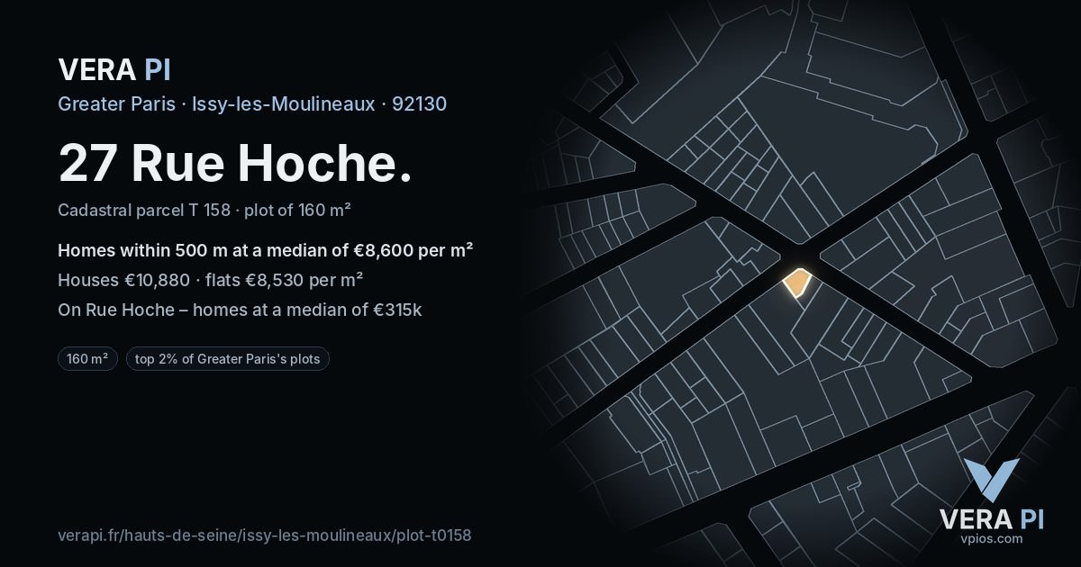 27 Rue Hoche, Issy-les-Moulineaux at night – the plot lit, the parcels around coloured by the prices near them