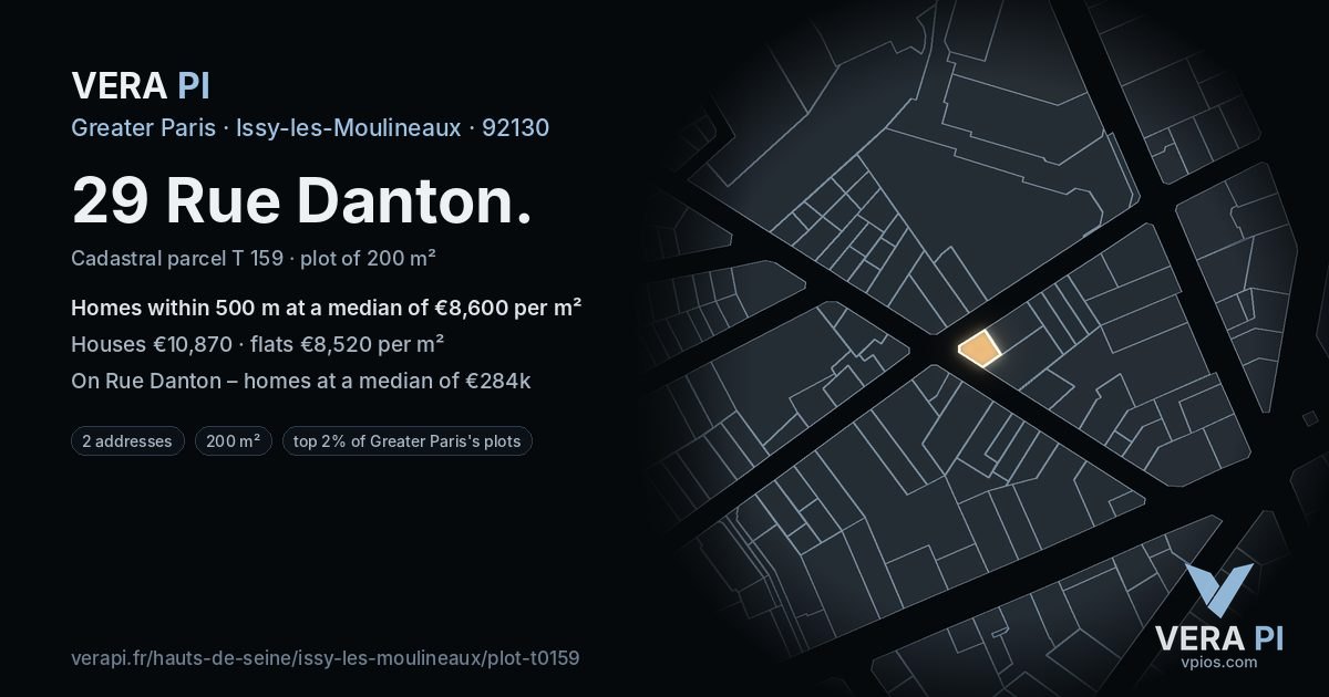 29 Rue Danton, Issy-les-Moulineaux at night – the plot lit, the parcels around coloured by the prices near them