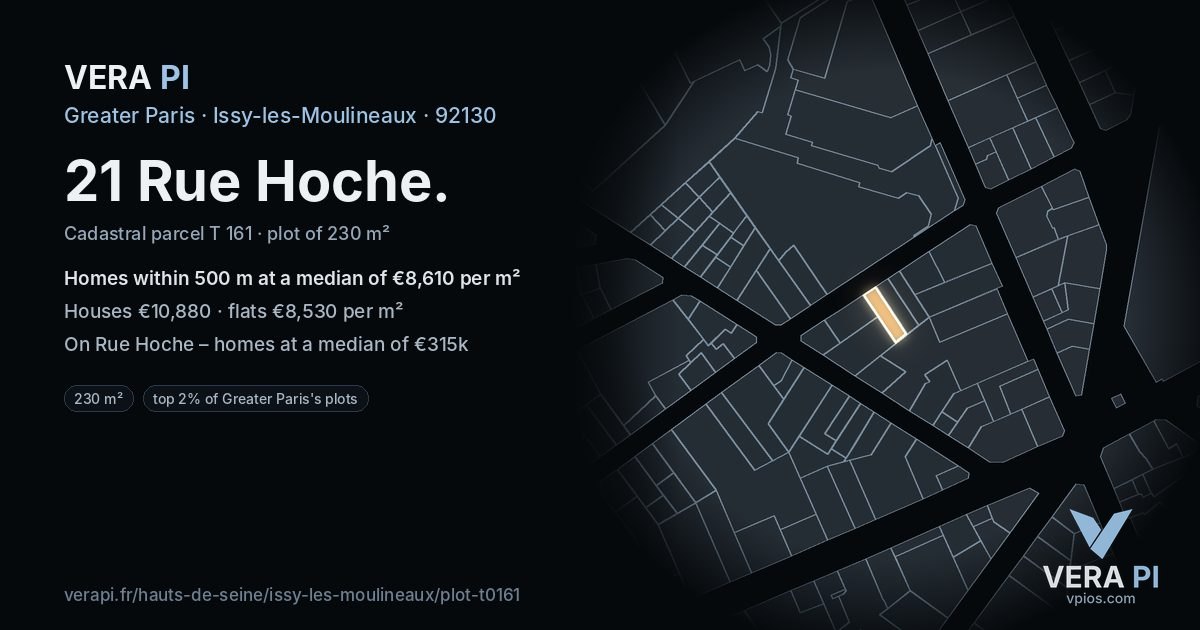 21 Rue Hoche, Issy-les-Moulineaux at night – the plot lit, the parcels around coloured by the prices near them