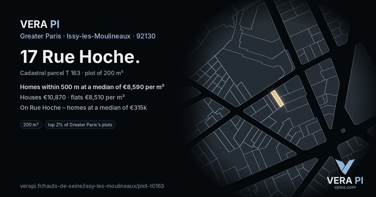 17 Rue Hoche, Issy-les-Moulineaux at night – the plot lit, the parcels around coloured by the prices near them