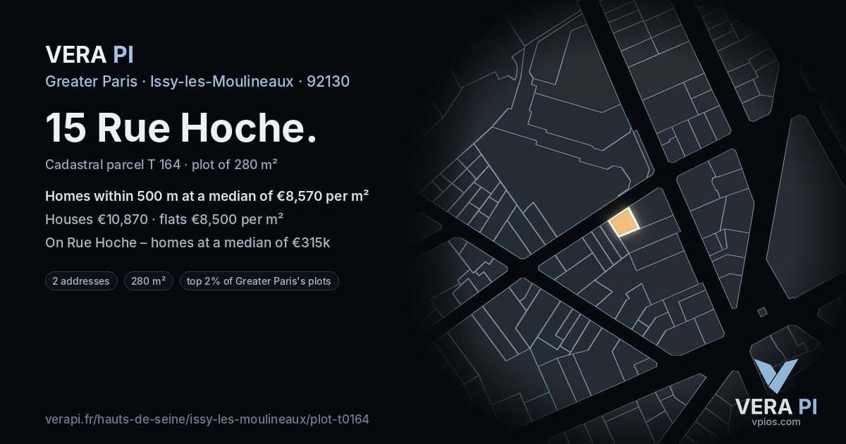 15 Rue Hoche, Issy-les-Moulineaux at night – the plot lit, the parcels around coloured by the prices near them
