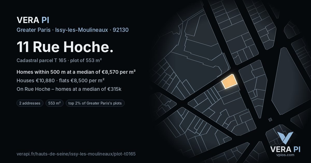 11 Rue Hoche, Issy-les-Moulineaux at night – the plot lit, the parcels around coloured by the prices near them