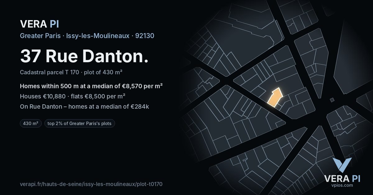 37 Rue Danton, Issy-les-Moulineaux at night – the plot lit, the parcels around coloured by the prices near them