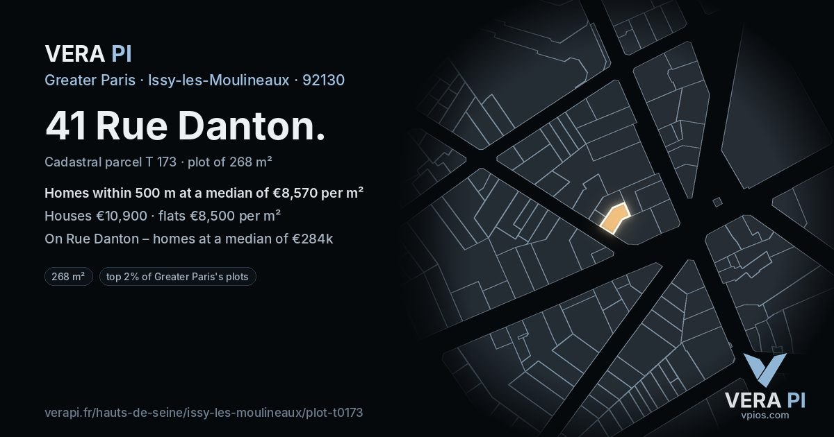 41 Rue Danton, Issy-les-Moulineaux at night – the plot lit, the parcels around coloured by the prices near them