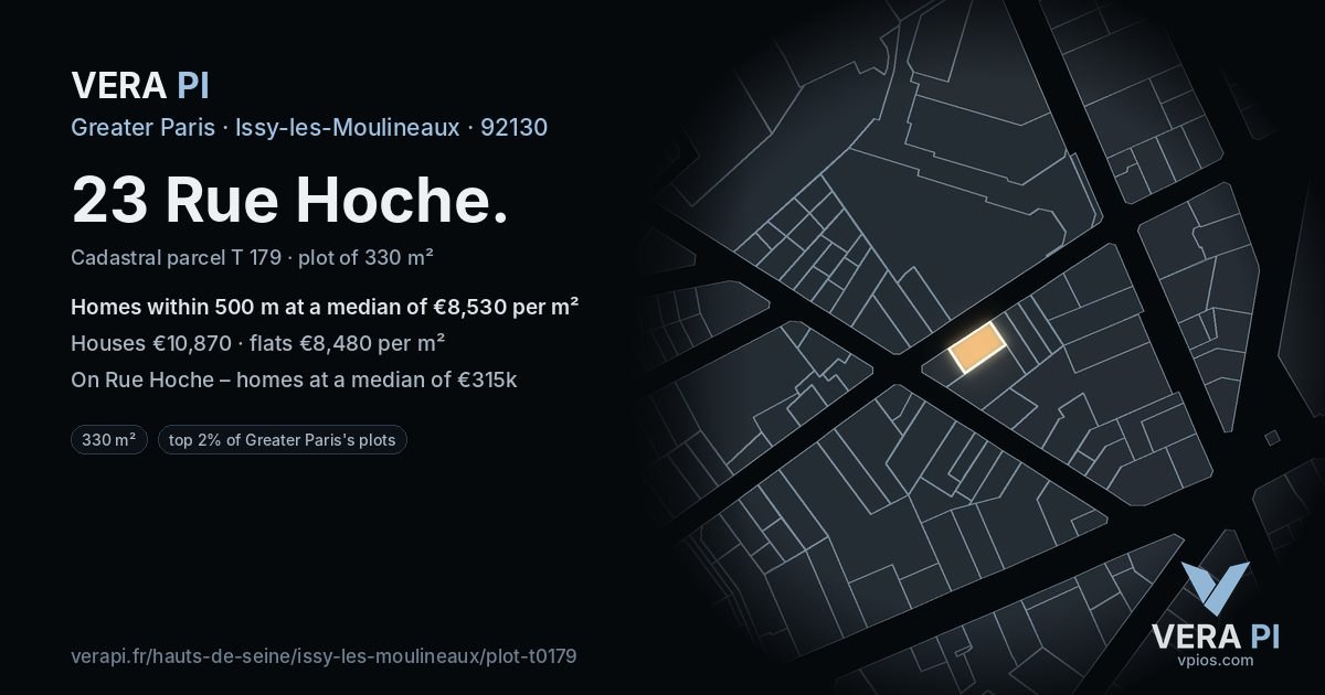 23 Rue Hoche, Issy-les-Moulineaux at night – the plot lit, the parcels around coloured by the prices near them