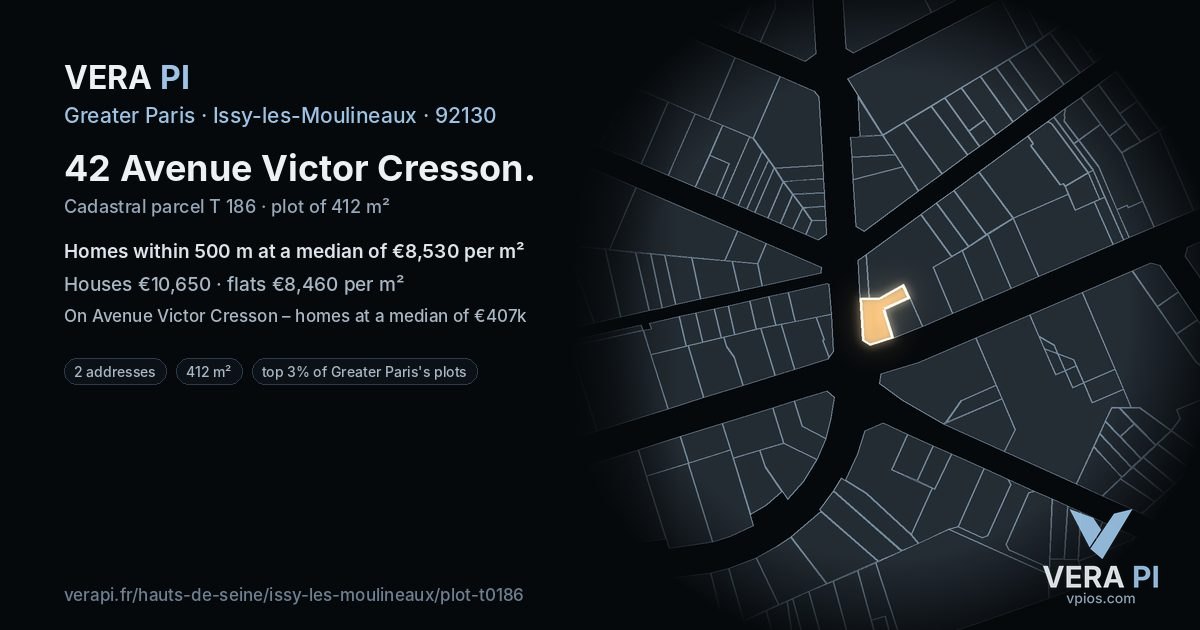 42 Avenue Victor Cresson, Issy-les-Moulineaux at night – the plot lit, the parcels around coloured by the prices near them