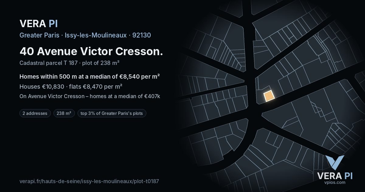 40 Avenue Victor Cresson, Issy-les-Moulineaux at night – the plot lit, the parcels around coloured by the prices near them