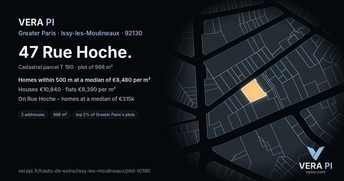47 Rue Hoche, Issy-les-Moulineaux at night – the plot lit, the parcels around coloured by the prices near them