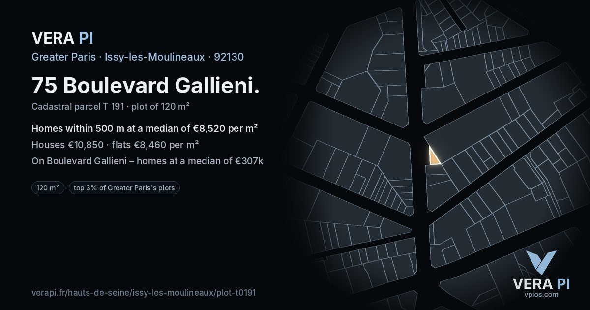 75 Boulevard Gallieni, Issy-les-Moulineaux at night – the plot lit, the parcels around coloured by the prices near them