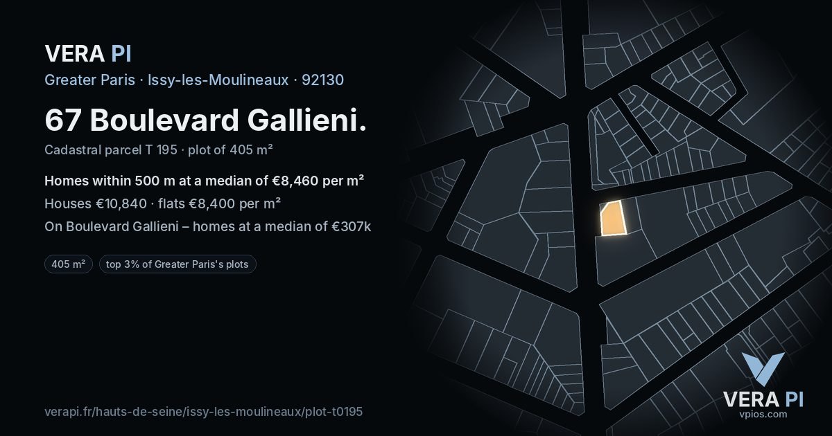 67 Boulevard Gallieni, Issy-les-Moulineaux at night – the plot lit, the parcels around coloured by the prices near them
