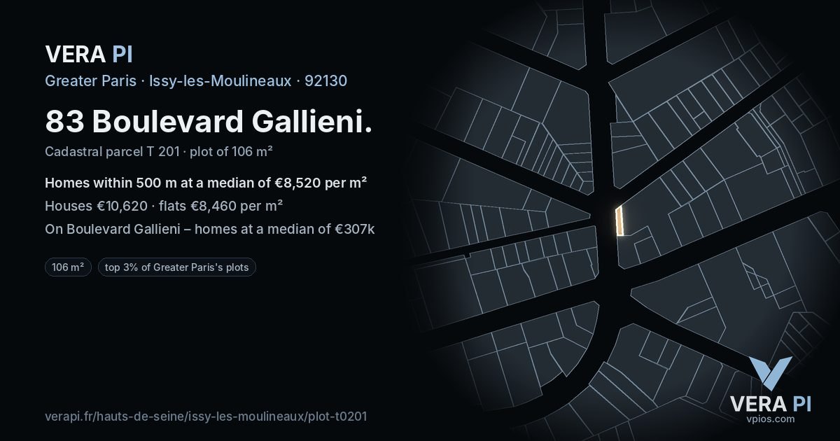 83 Boulevard Gallieni, Issy-les-Moulineaux at night – the plot lit, the parcels around coloured by the prices near them