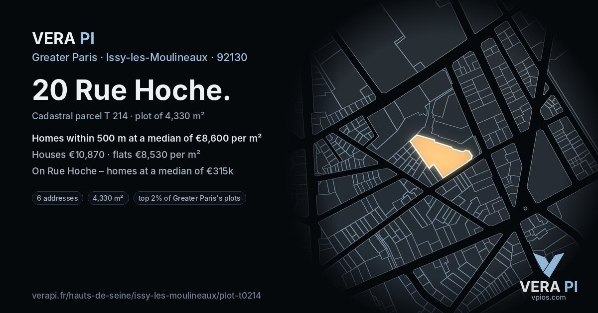 20 Rue Hoche, Issy-les-Moulineaux at night – the plot lit, the parcels around coloured by the prices near them