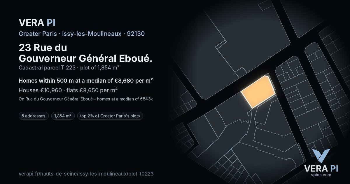 23 Rue du Gouverneur Général Eboué, Issy-les-Moulineaux at night – the plot lit, the parcels around coloured by the prices near them