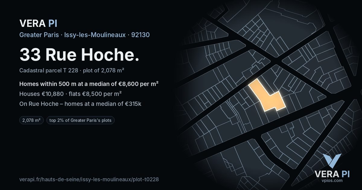 33 Rue Hoche, Issy-les-Moulineaux at night – the plot lit, the parcels around coloured by the prices near them