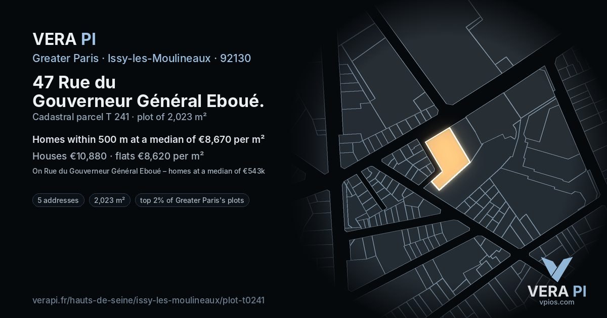 47 Rue du Gouverneur Général Eboué, Issy-les-Moulineaux at night – the plot lit, the parcels around coloured by the prices near them