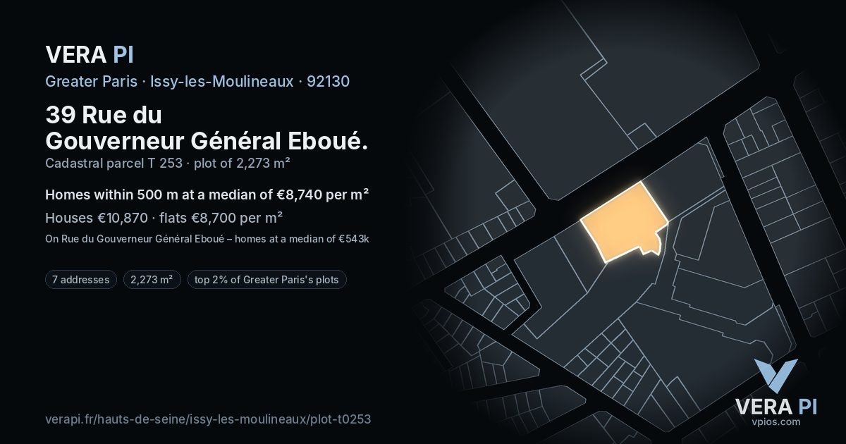 39 Rue du Gouverneur Général Eboué, Issy-les-Moulineaux at night – the plot lit, the parcels around coloured by the prices near them