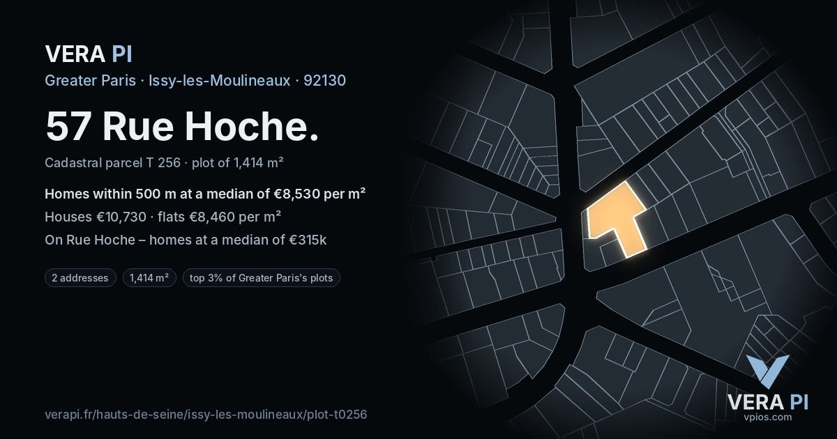 57 Rue Hoche, Issy-les-Moulineaux at night – the plot lit, the parcels around coloured by the prices near them
