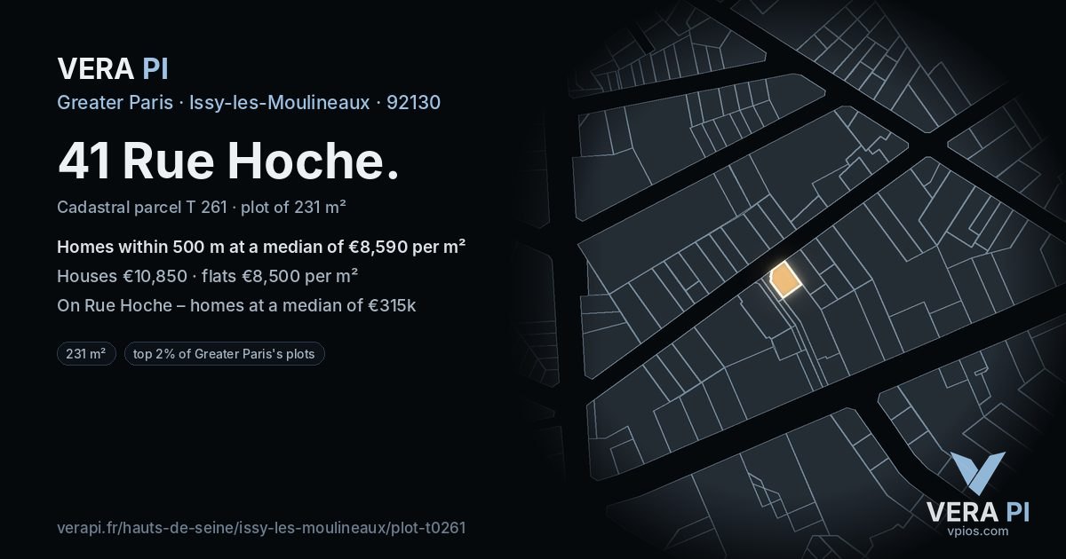 41 Rue Hoche, Issy-les-Moulineaux at night – the plot lit, the parcels around coloured by the prices near them