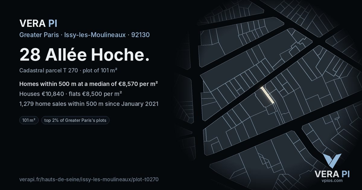 28 Allée Hoche, Issy-les-Moulineaux at night – the plot lit, the parcels around coloured by the prices near them