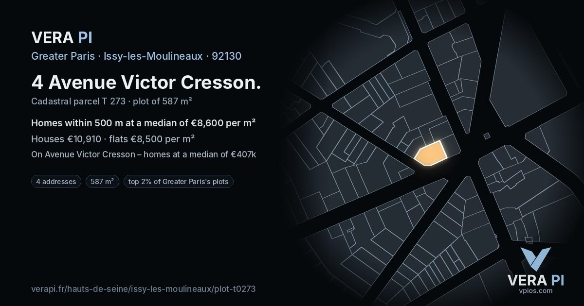 4 Avenue Victor Cresson, Issy-les-Moulineaux at night – the plot lit, the parcels around coloured by the prices near them