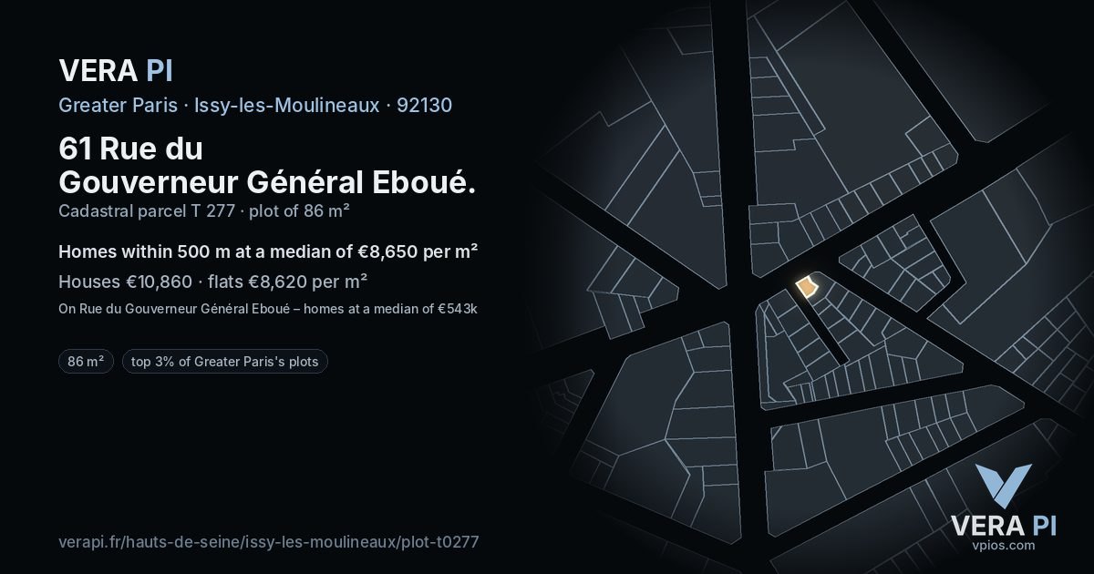 61 Rue du Gouverneur Général Eboué, Issy-les-Moulineaux at night – the plot lit, the parcels around coloured by the prices near them