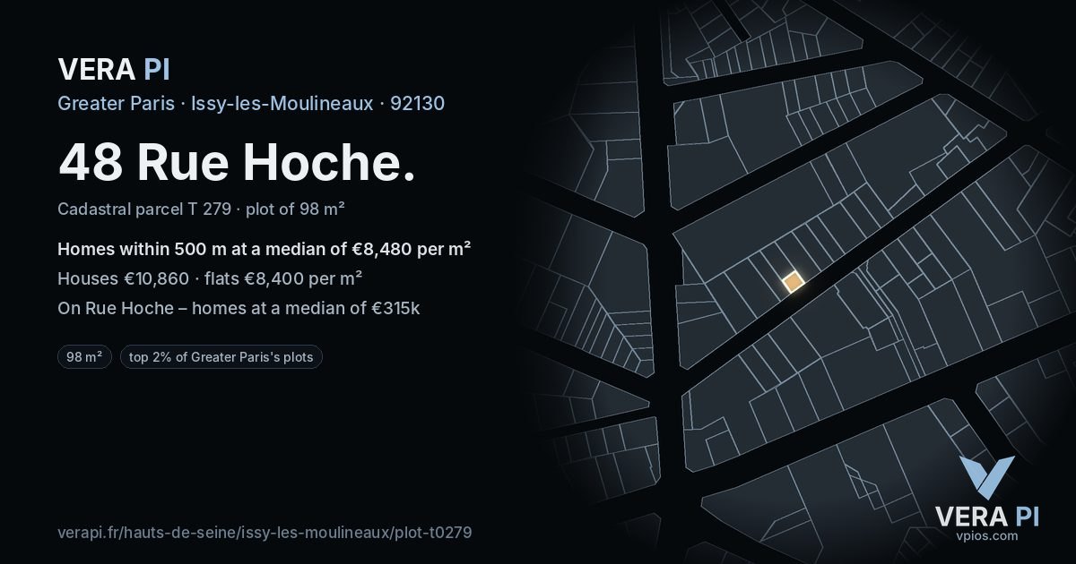 48 Rue Hoche, Issy-les-Moulineaux at night – the plot lit, the parcels around coloured by the prices near them