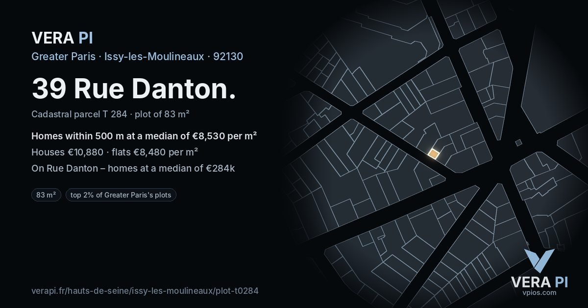 39 Rue Danton, Issy-les-Moulineaux at night – the plot lit, the parcels around coloured by the prices near them