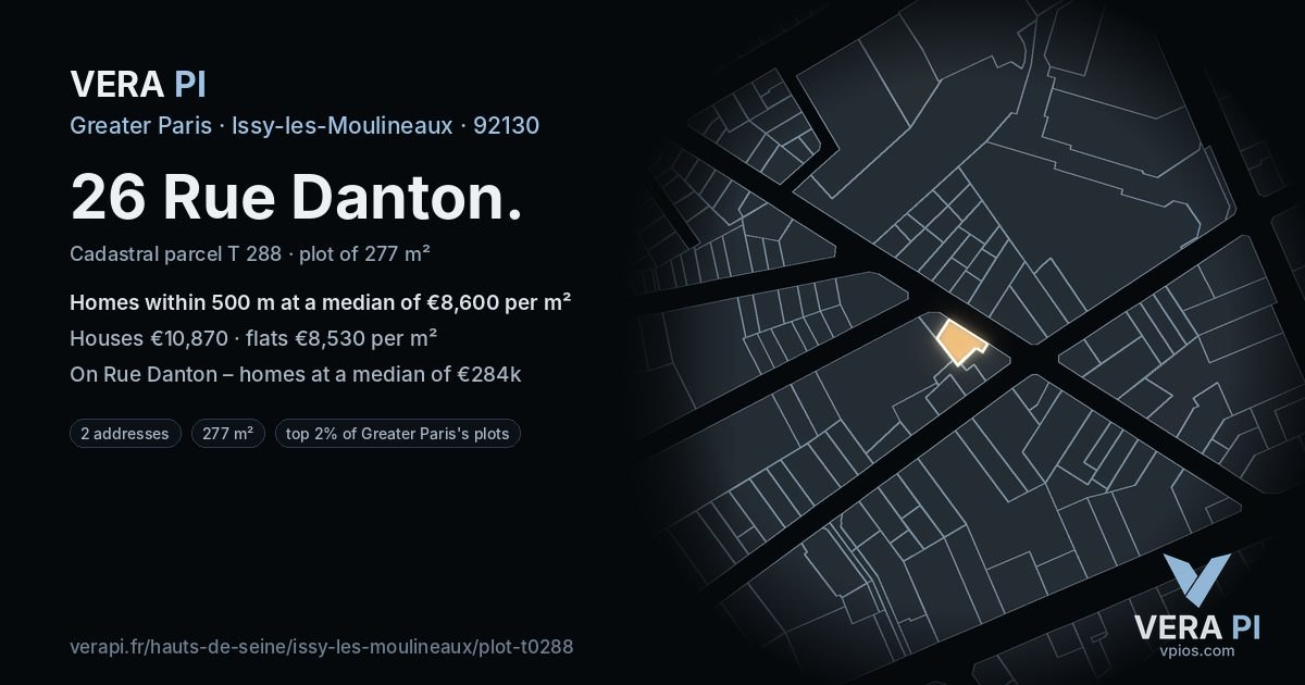 26 Rue Danton, Issy-les-Moulineaux at night – the plot lit, the parcels around coloured by the prices near them