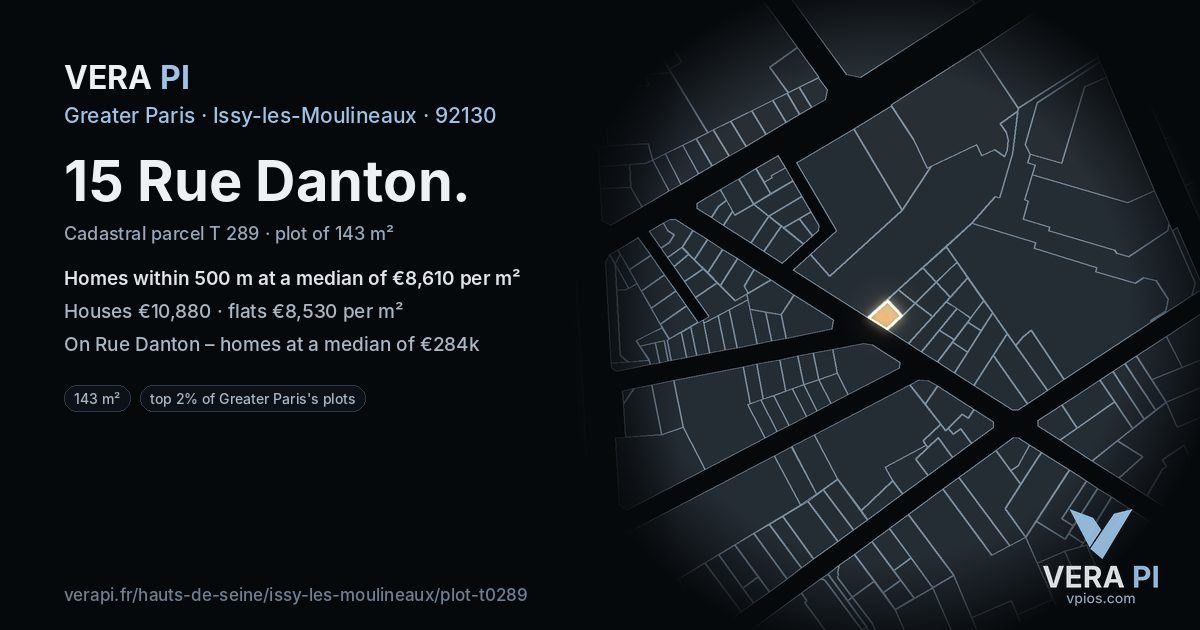 15 Rue Danton, Issy-les-Moulineaux at night – the plot lit, the parcels around coloured by the prices near them