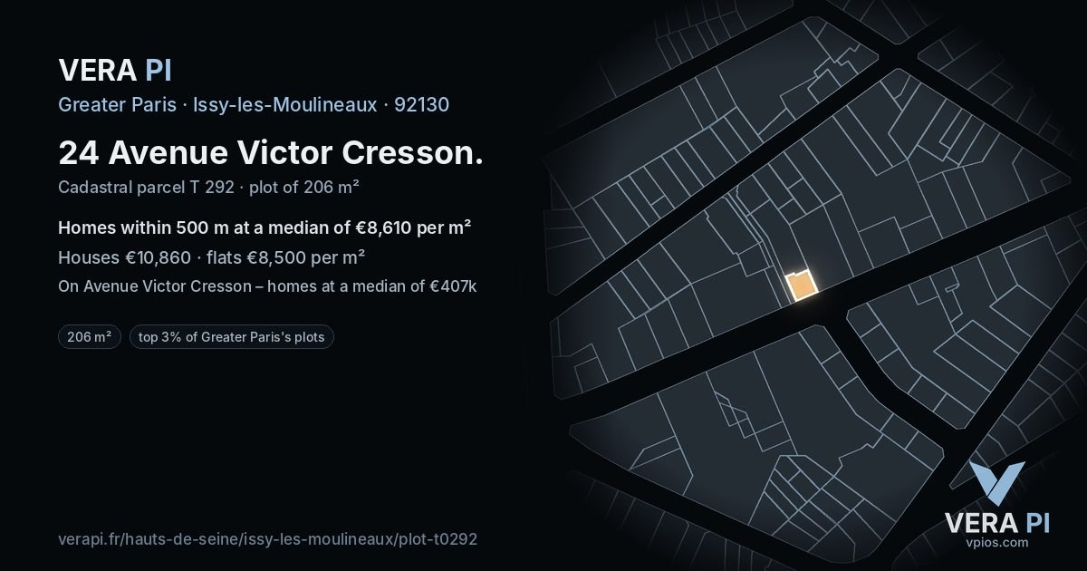 24 Avenue Victor Cresson, Issy-les-Moulineaux at night – the plot lit, the parcels around coloured by the prices near them