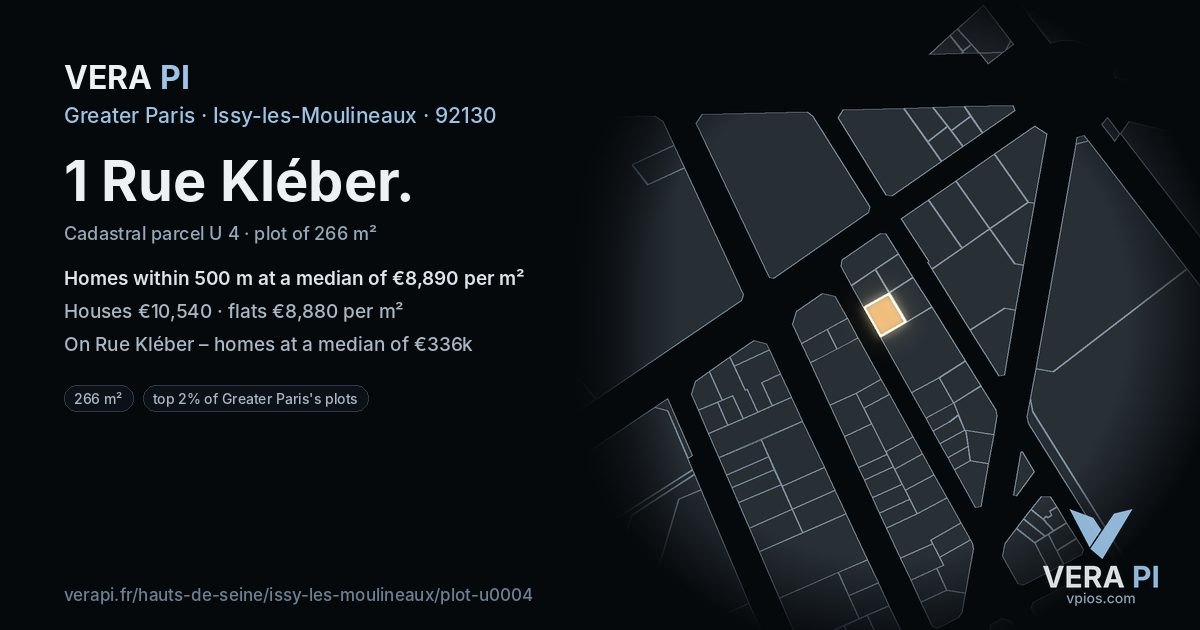 1 Rue Kléber, Issy-les-Moulineaux at night – the plot lit, the parcels around coloured by the prices near them