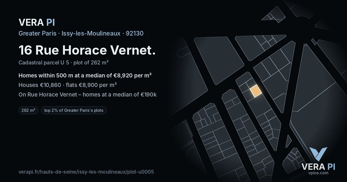 16 Rue Horace Vernet, Issy-les-Moulineaux at night – the plot lit, the parcels around coloured by the prices near them