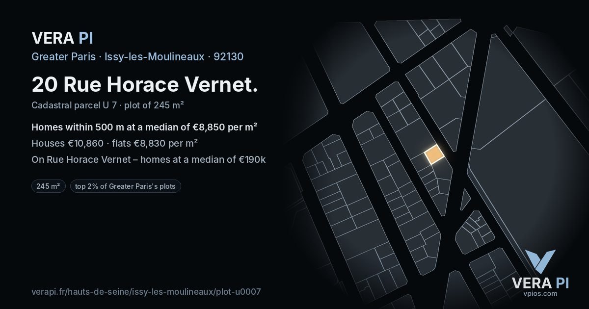 20 Rue Horace Vernet, Issy-les-Moulineaux at night – the plot lit, the parcels around coloured by the prices near them