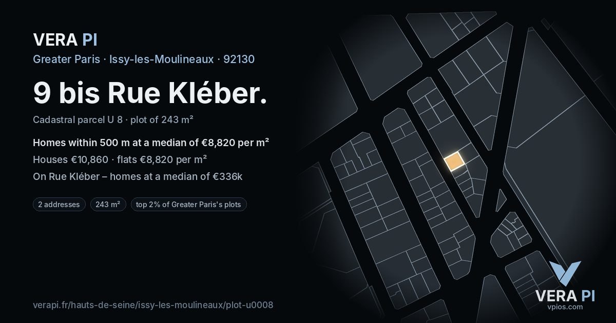 9 bis Rue Kléber, Issy-les-Moulineaux at night – the plot lit, the parcels around coloured by the prices near them