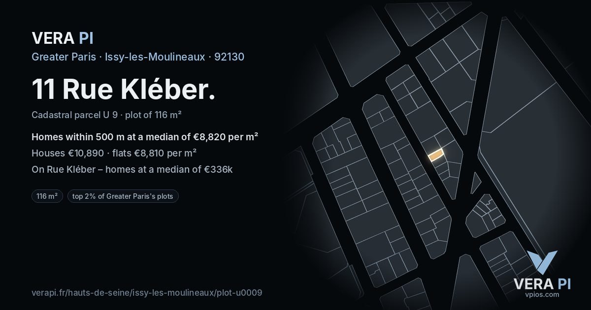 11 Rue Kléber, Issy-les-Moulineaux at night – the plot lit, the parcels around coloured by the prices near them