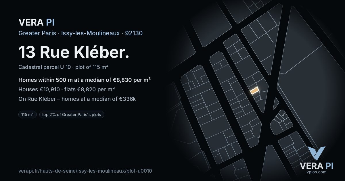13 Rue Kléber, Issy-les-Moulineaux at night – the plot lit, the parcels around coloured by the prices near them