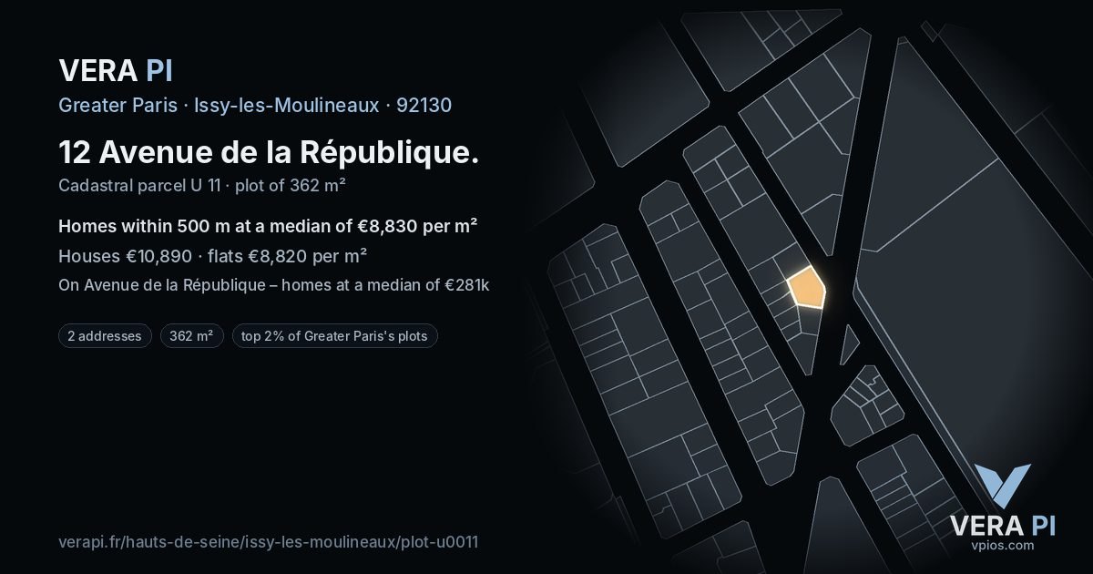 12 Avenue de la République, Issy-les-Moulineaux at night – the plot lit, the parcels around coloured by the prices near them