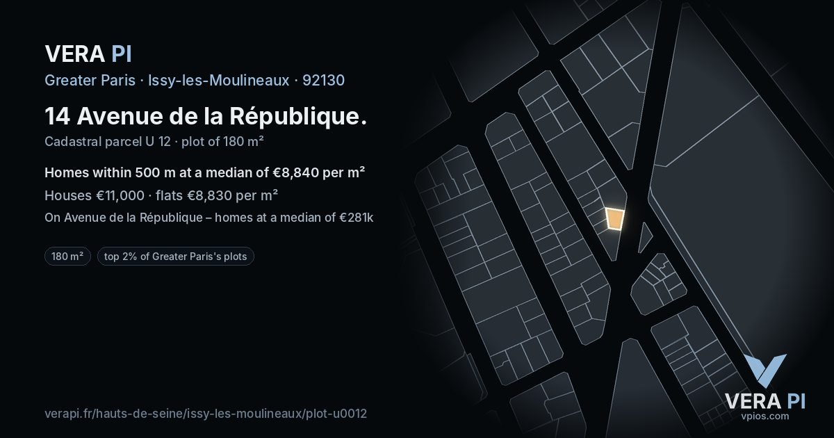 14 Avenue de la République, Issy-les-Moulineaux at night – the plot lit, the parcels around coloured by the prices near them