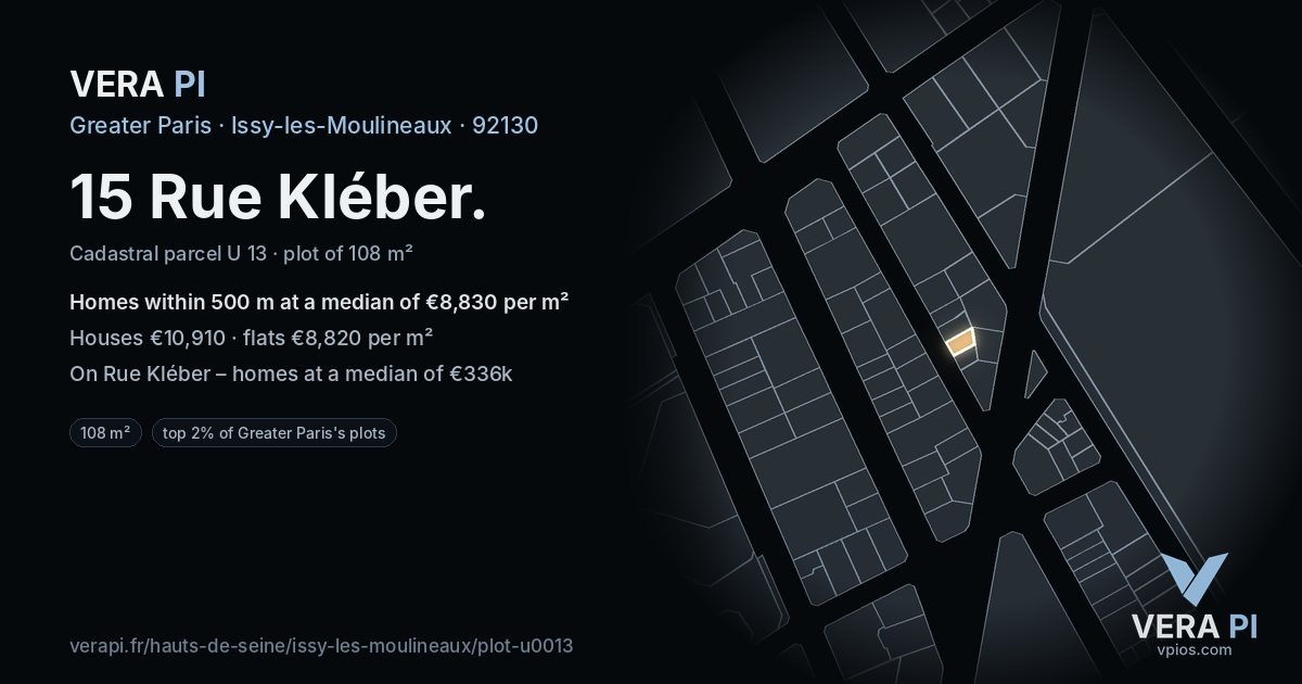 15 Rue Kléber, Issy-les-Moulineaux at night – the plot lit, the parcels around coloured by the prices near them