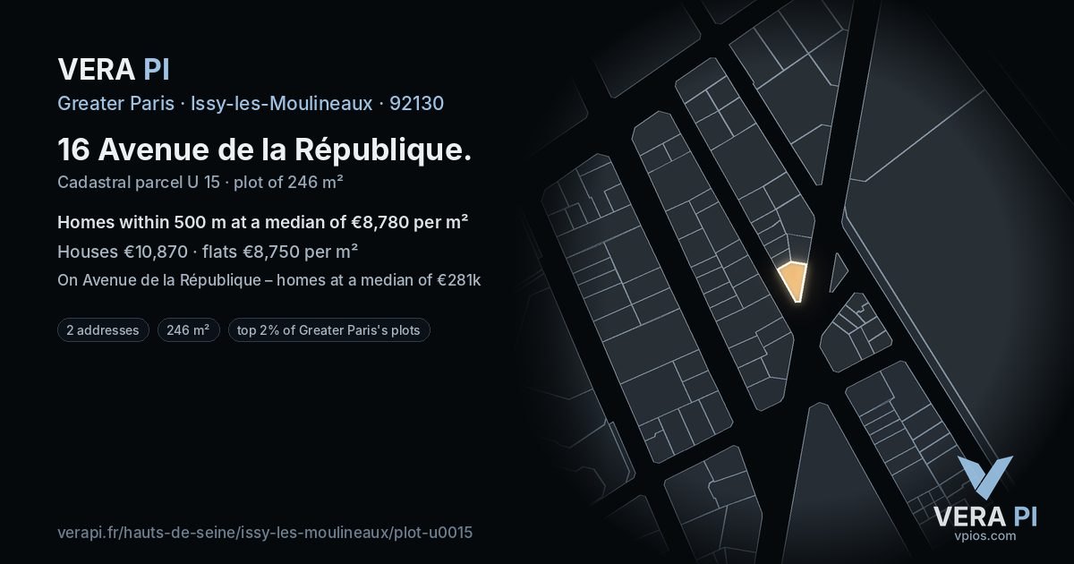 16 Avenue de la République, Issy-les-Moulineaux at night – the plot lit, the parcels around coloured by the prices near them