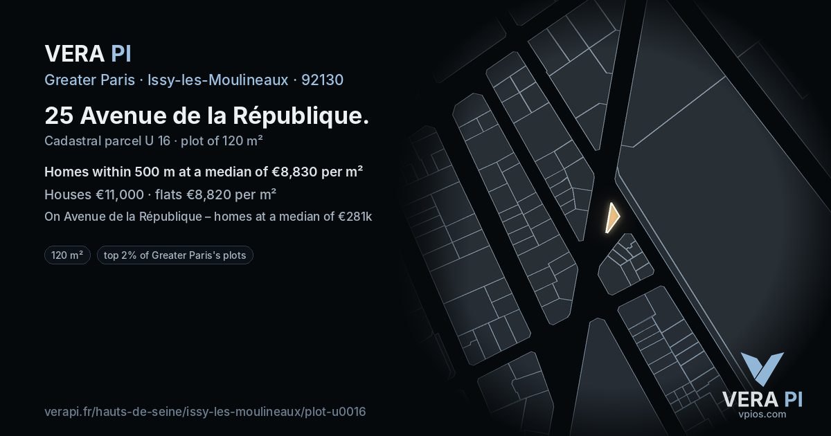 25 Avenue de la République, Issy-les-Moulineaux at night – the plot lit, the parcels around coloured by the prices near them
