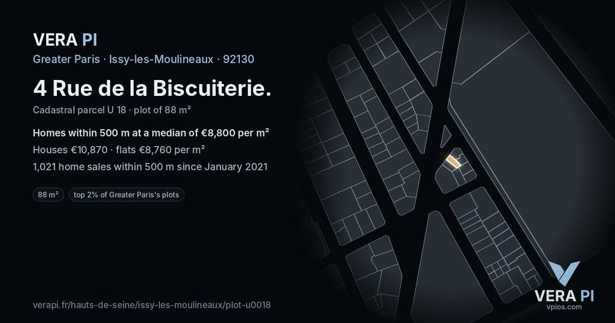 4 Rue de la Biscuiterie, Issy-les-Moulineaux at night – the plot lit, the parcels around coloured by the prices near them