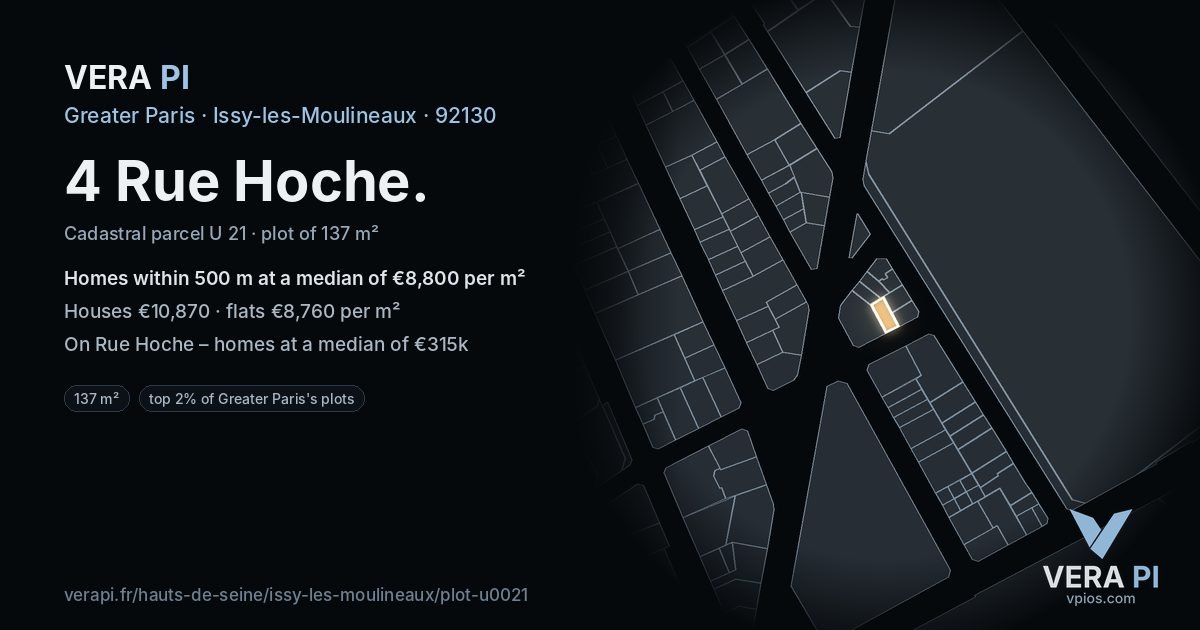 4 Rue Hoche, Issy-les-Moulineaux at night – the plot lit, the parcels around coloured by the prices near them