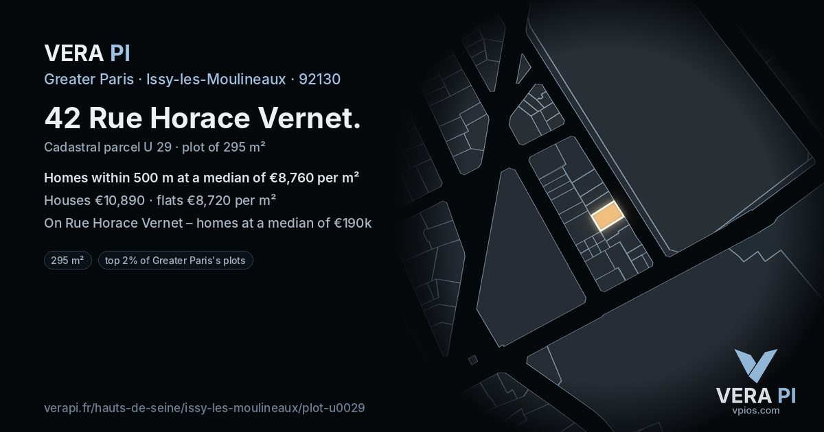 42 Rue Horace Vernet, Issy-les-Moulineaux at night – the plot lit, the parcels around coloured by the prices near them